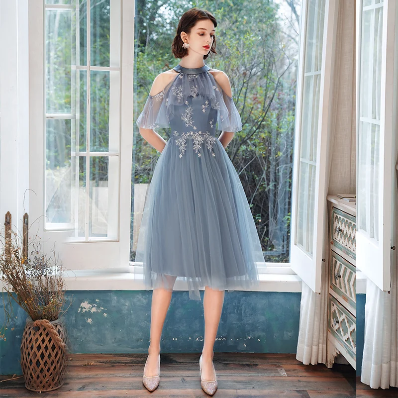 

Medium Long Blue Bridesmaid Dresses 2020 Sexy Halter Off The Shoulder A-line Tea-length Women Tulle Dresses For Wedding Party