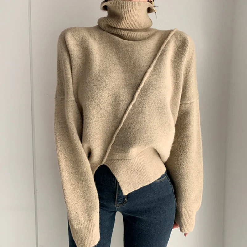 

AOSSVIAO autumn Winter casual oversize thick Sweater pullovers Women 2021 Split fork loose Turtleneck women's sweaters jumper