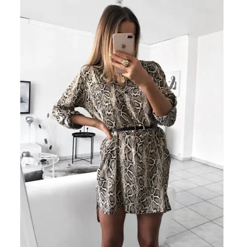 Осеннее сексуальное леопардовое платье со змеиным принтом женское выше колена