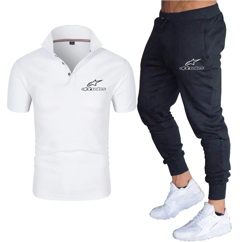 

Men's casual formal wear polo shirt breathable little feet pure cotton pants suit two-piece print solid color streetwear