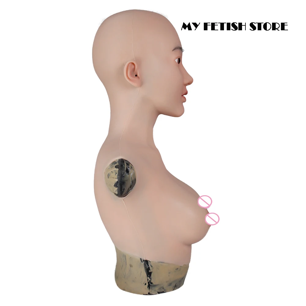 (Christin-1G)Crossdress Full Head Realistic Silicone Girl Female Disguise Party Cosplay Transgender Mask With C Cup Breast Torso