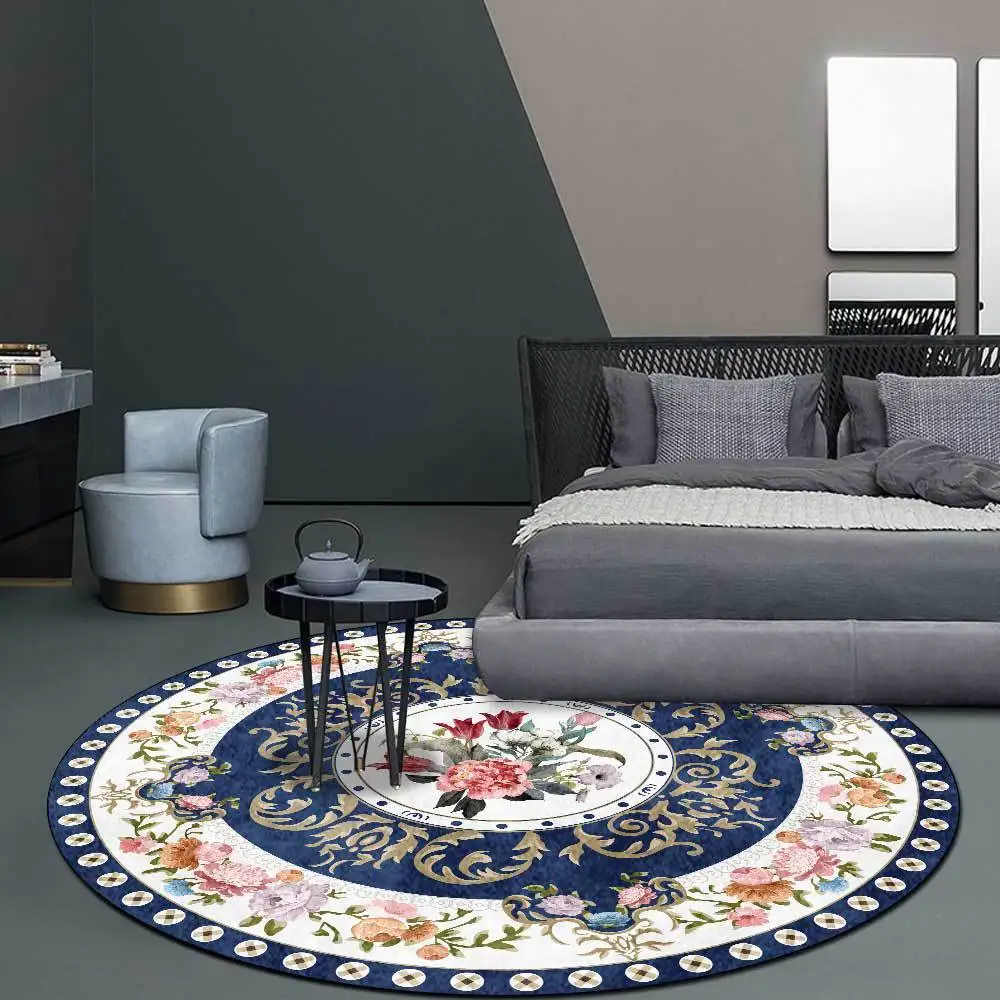 

Classic Floral Print Living Room Sofa Table Non-Slip Floor Mat European Style Round Area Rugs Bedroom Bedside Home Decor Carpet