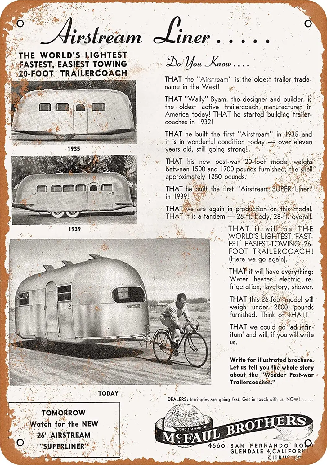 

WallColor 8*12 Metal Sign 1952 Airstream Liner Vintage Look