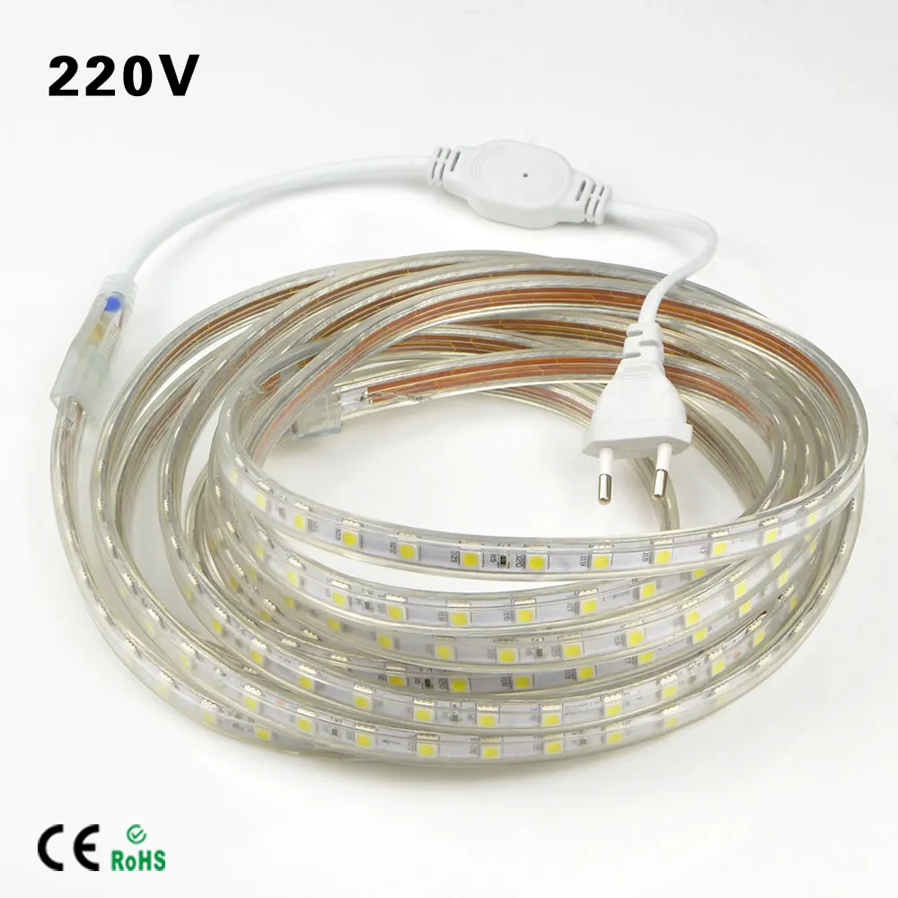 220 В Светодиодная лента RGB Водонепроницаемый 5050 1 м/2 м/3 м/4 м/5 м/6 м/7 м/8 м/9 м/10 м/15 м/ 20 м 60 Светодиодный s/M силиконовая трубка Диодная лента с вилкой ЕС