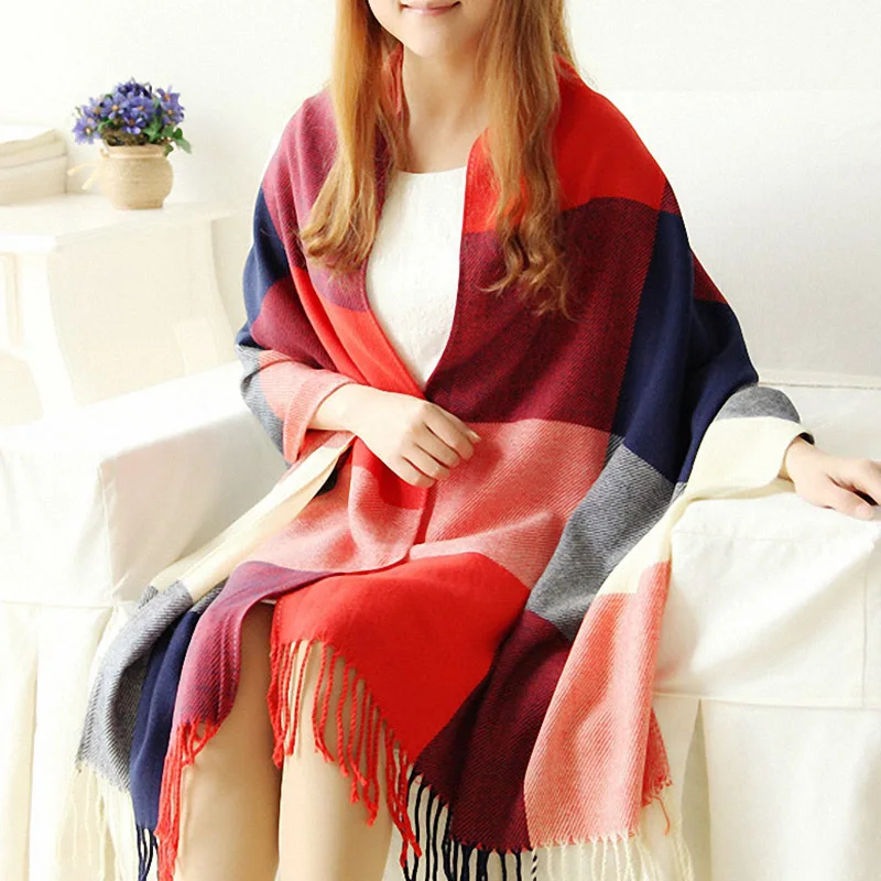 

Women Cashmere Winter Scarf Knit Pashmina Bandana Plaid Female Warm Scarves Blanket Shawls and Wraps