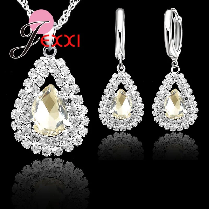 

Fashion Elegant 925 Sterling Silver Jewelry Sets Water Drop Cubic Zirconia Necklace Pendant Drop Earrings For Women