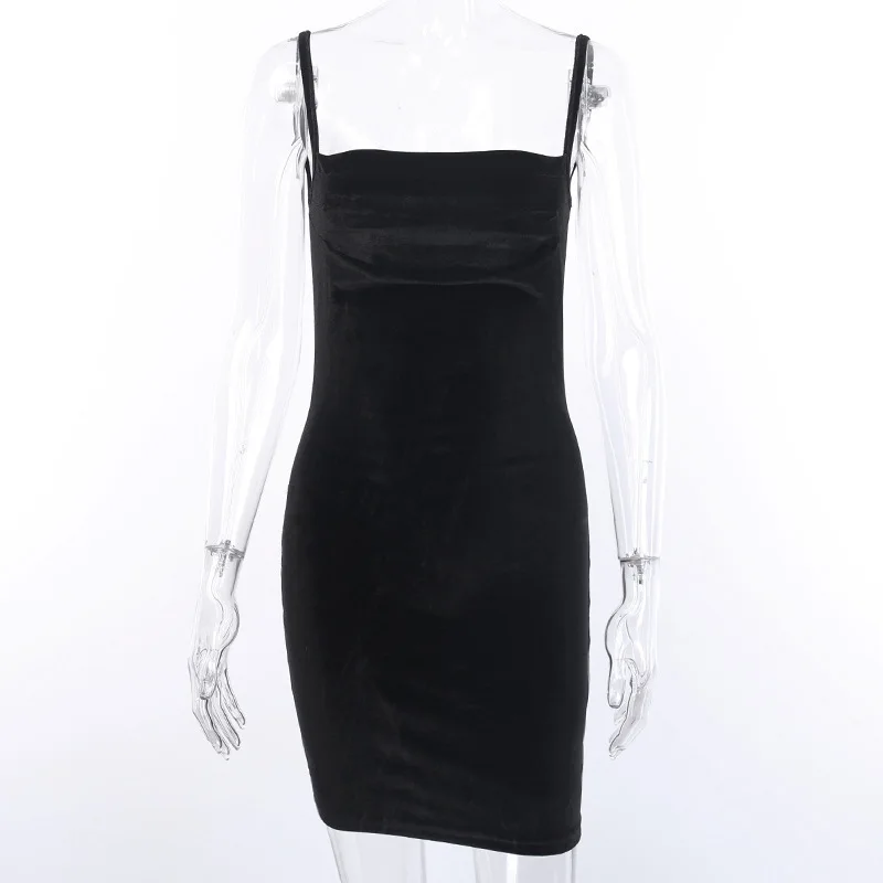 

Black Bodycon Mini Dress Spaghetti Strap Backless Sleeveless Sexy Club Party Square Collar Summer Women Dress