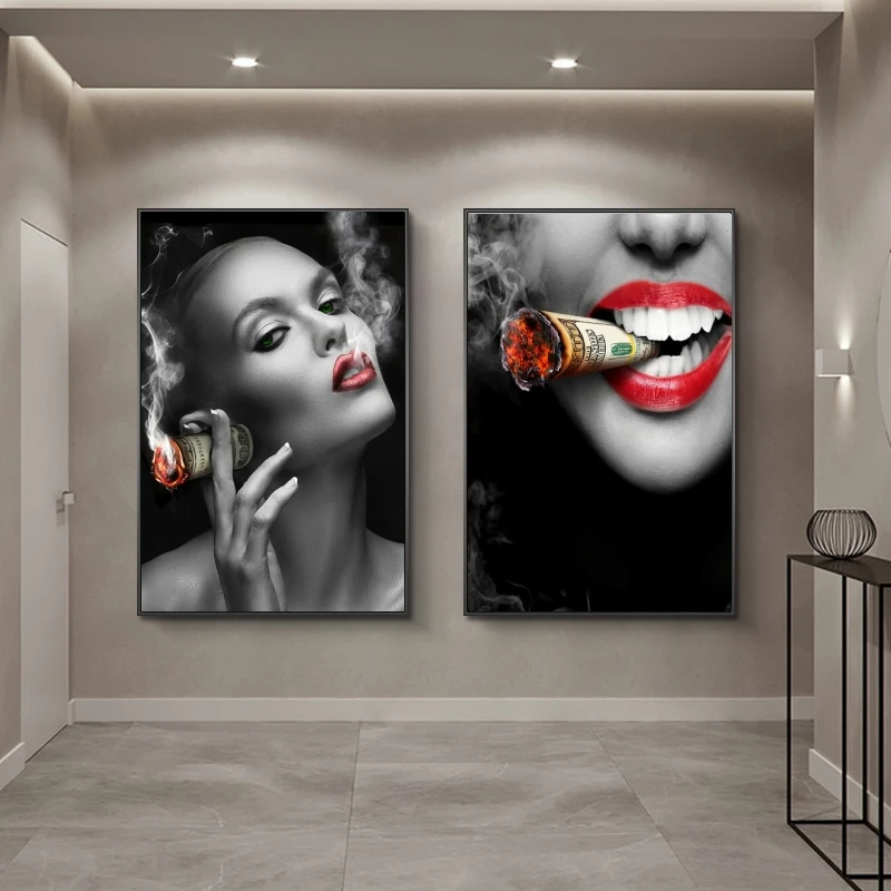 

Sexy Lips Smoking Money Girls Canvas Art Posters And Prints Modern Art Canvas Paintings On the Wall Art Pictures Home Decor