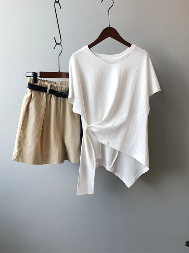 

Asymmetrical Cotton Women White T-Shirts Summer New 2021 O-Neck Short-Sleeved Solid Bandage Elegant Office Lady Pulls Tops