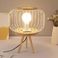 wood tripod table lamp led bedroom bedside office iron cage desk light