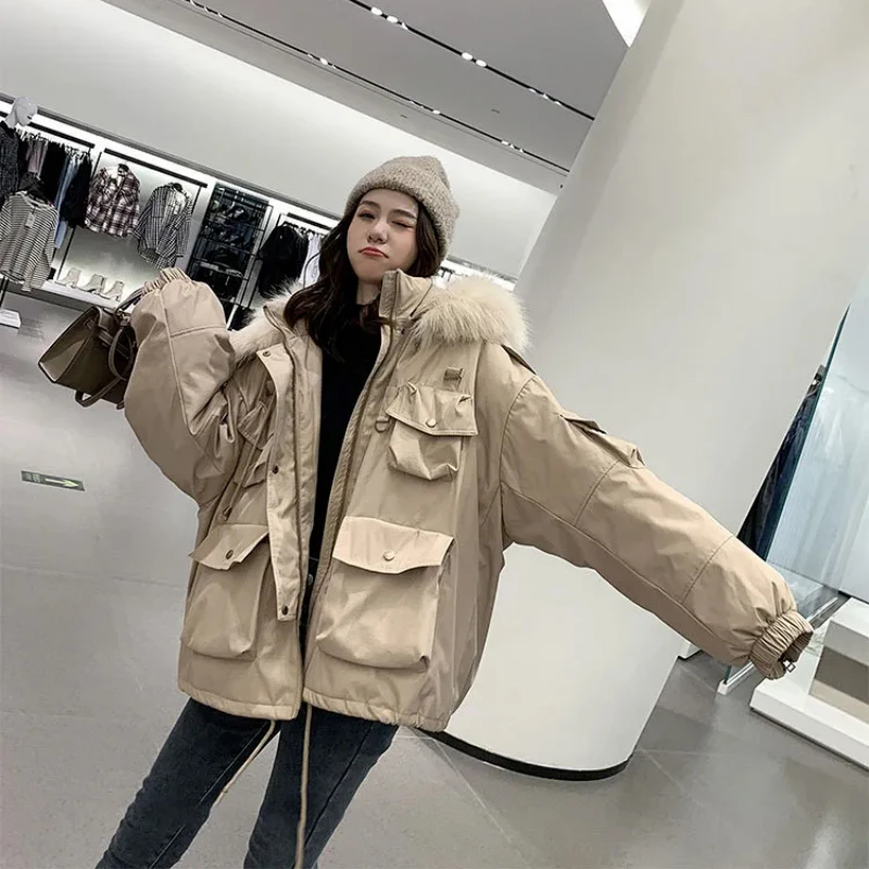

Woman Winter Short Coat Causal Loose Large Fur Collar Hooded Jacket