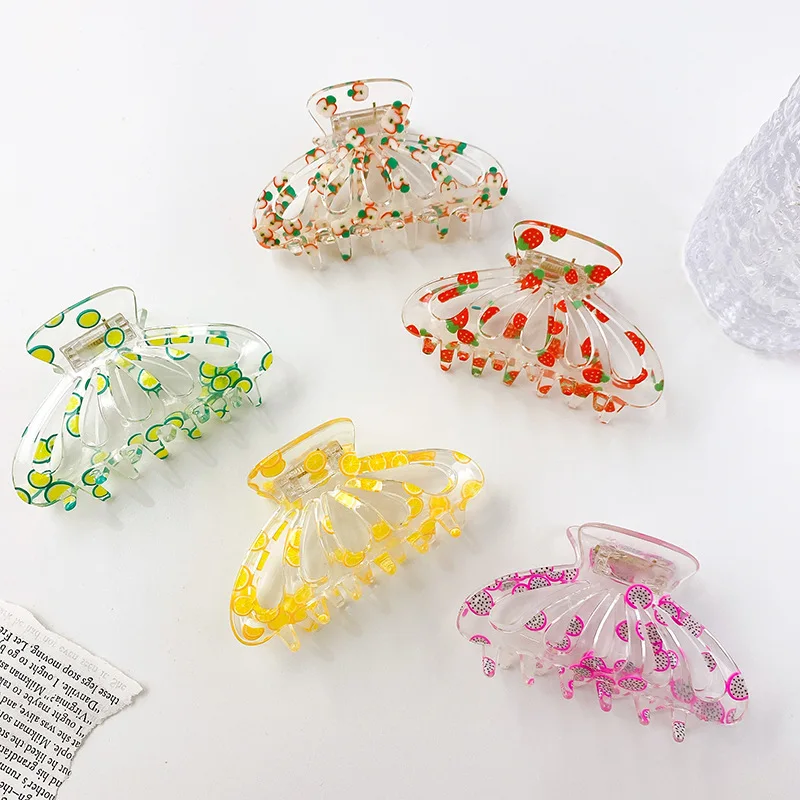 

Korean INS Clear Acrylic Fruit Print Hair Claws Large Size Hair Clips Headwear Transparent Women Hair Accessories Ornament