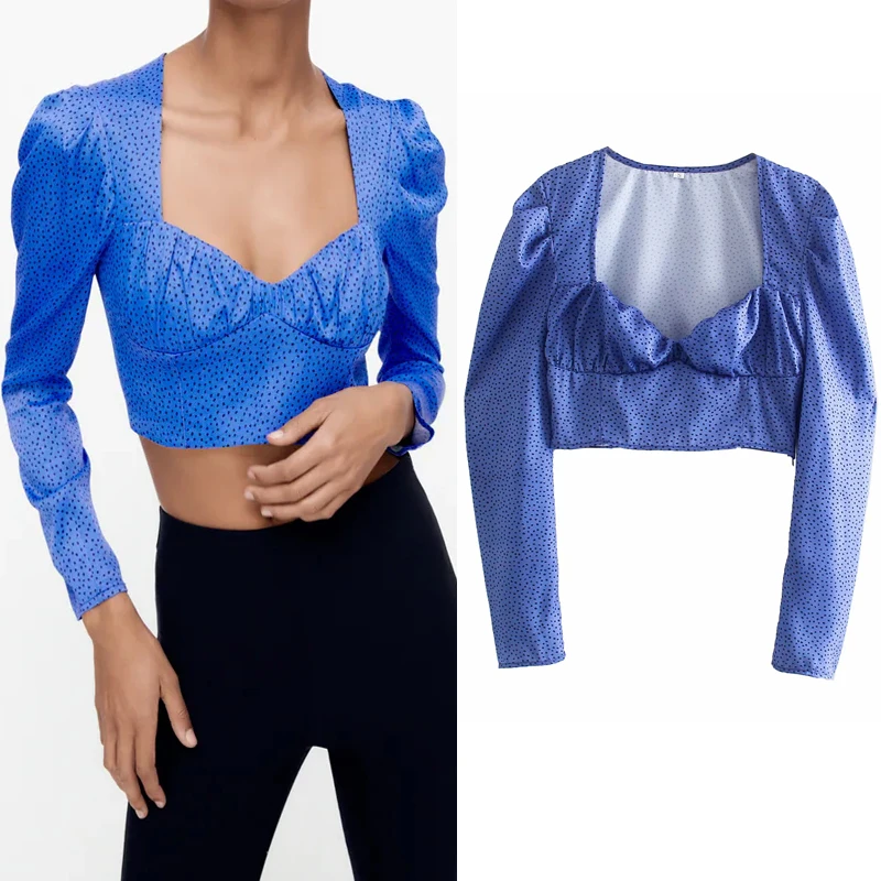 

TRAF Za Polka Dot Blouses Women Ruched Blue Crop Top Female Autumn 2021 Puff Sleeve Elegant Blouses Sweetheart Neck Ladies Tops