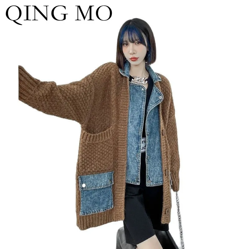 

Женский джинсовый кардиган с вышивкой QING MO, свободный свитер-пальто из двух частей, кардиган-жакет, одежда для осени, TT192Q, 2021