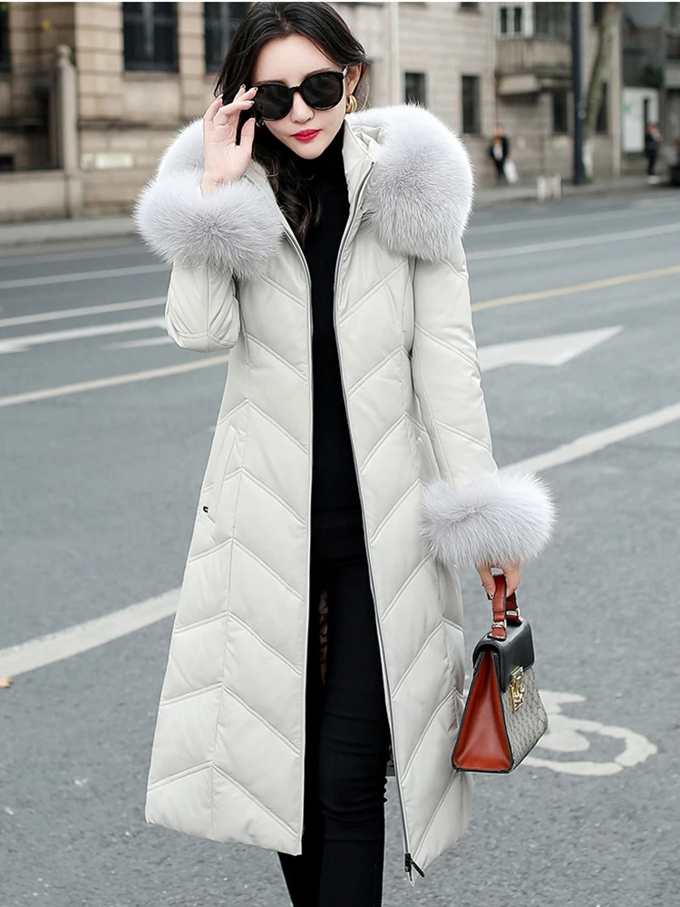 New Women Leather Down Coat Winter Fashion Real Fox Fur Collar & Cuff Slim Long Sheepskin Down Overcoat Thicken Warm Outerwear
