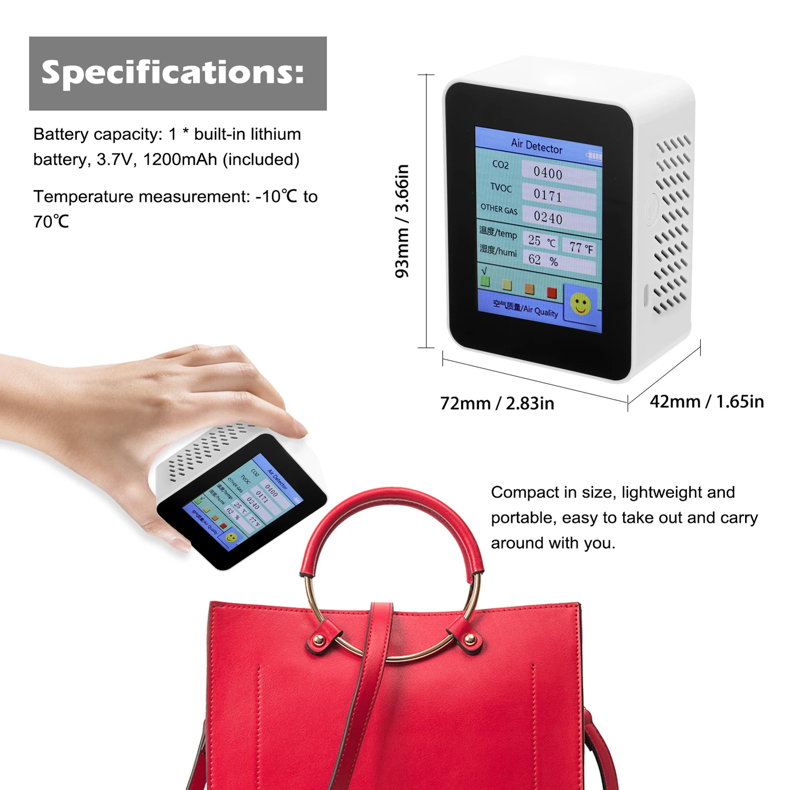 

Household Air Quality Detector CO2 Tester with Carbon Dioxide TVOC Value Electricity Quantity Temperature Humidity Display