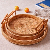 round wicker basket bread food plate picnic fruit dessert organizer platter handwoven rattan storage tray with wooden handle