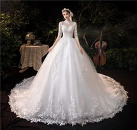 luxury lace applique long train wedding dresses embroidery high bride dress plus size with sleeve three quarter vetidos de novia
