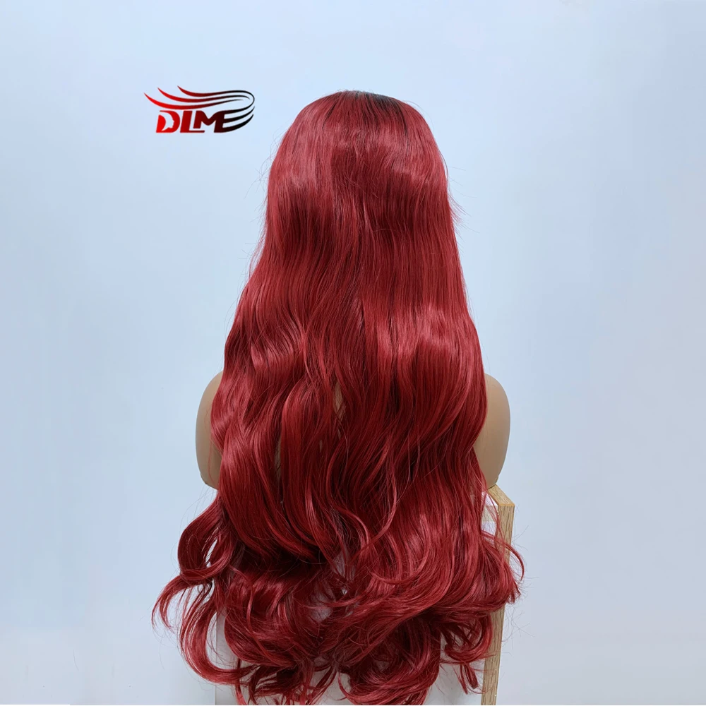 

DLME Red Color Lace Front Wigs Long Wave Wig Heat Resistant Fiber Hair Glueless Synthetic Lace Front Wigs for Black Women