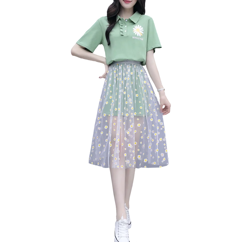 

Длинное платье-рубашка и сетчатая юбка с цветами, летний костюм 2020, комплект одежды из двух предметов, Женский свитшот, милый наряд, милое пл...