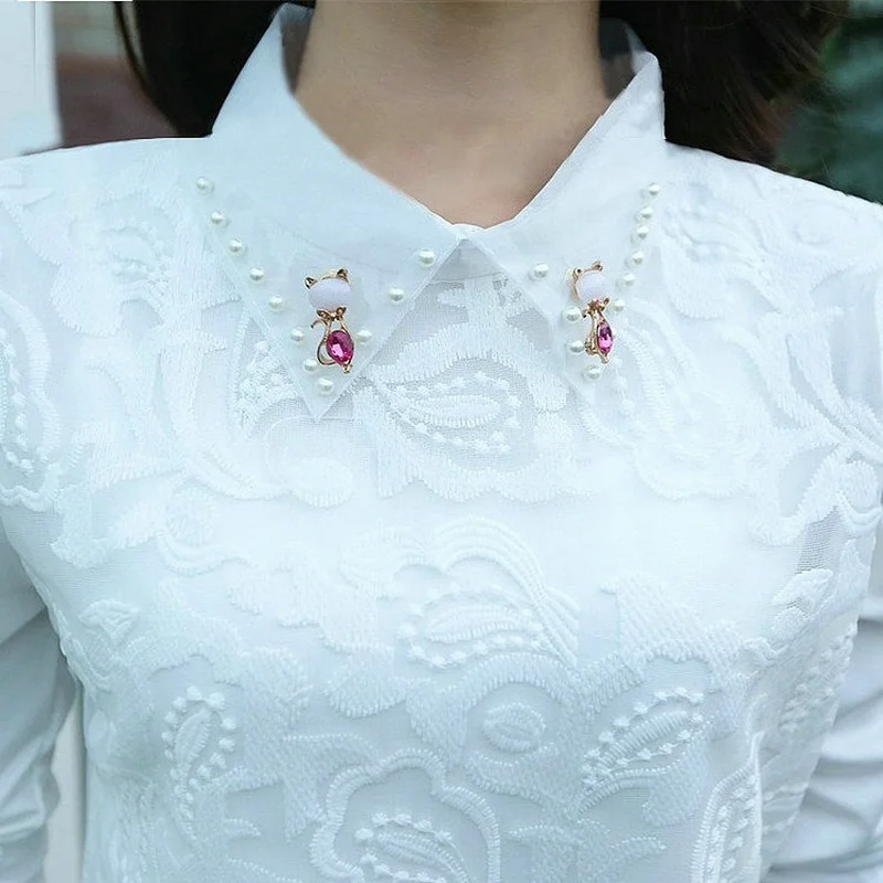 

Women Spring Autumn Casual Style Lace Blouses Shirts Lady Peter Pan Collar Long Sleeve Beading Casual Blusas Tops Y787