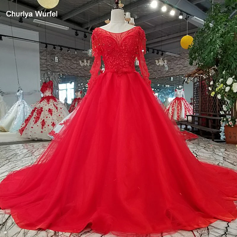 LS21881 красный длинный рукав блестящий вечернее платье A-line зашнуруйте назад