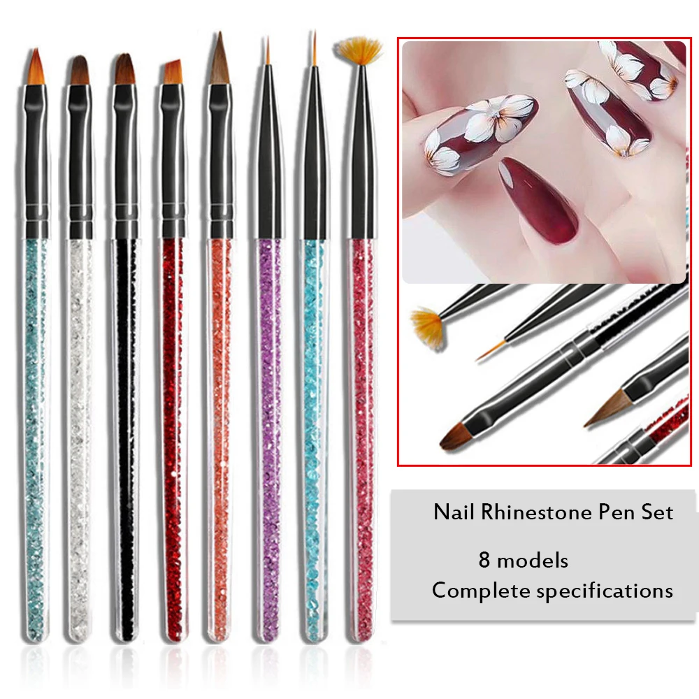 

8-piece Nail Set Crystal Rhinestone Pen Holder Draw Line Pen Phototherapy Pen Fan-shaped Pen Series Gel Polished Nail Art Tools