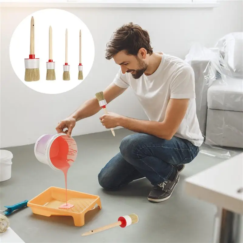 

4pcs/Set Wooden Handle Paint Brushes Varnish Brushes Home Cleaning Brush Paint Brush Set Boar Bristle Round Head Cleaning Brush