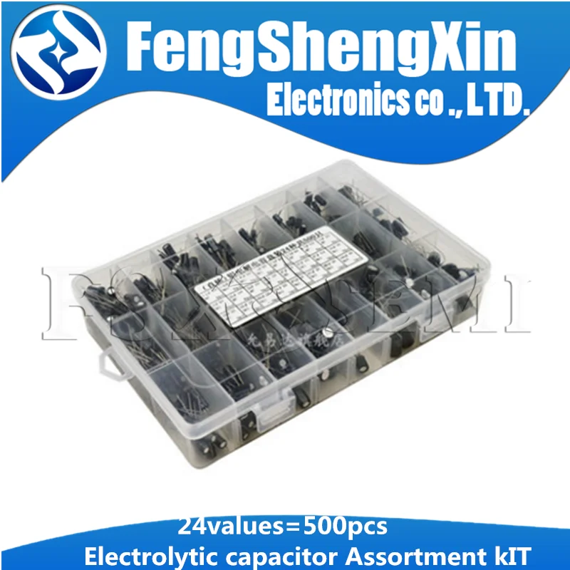 

24values=500pcs Aluminium Electrolytic Capacitor Sets Electrolytic Capacitor Element 0.1UF-1000UF 10~50V +Box