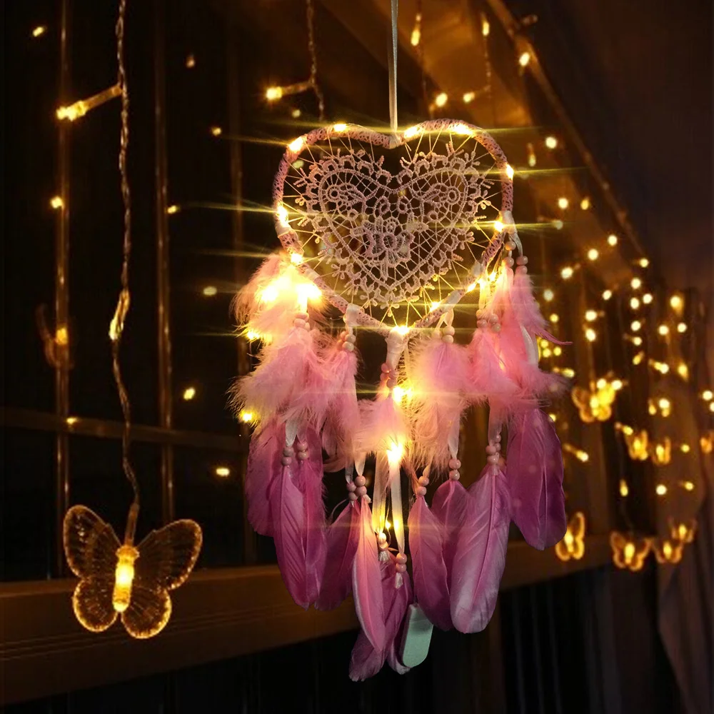 

Girl Heart Dream Catcher National Feather Ornaments Lace Ribbons Feathers Wrapped Lights Dreamcatcher Aesthetic Room Decor