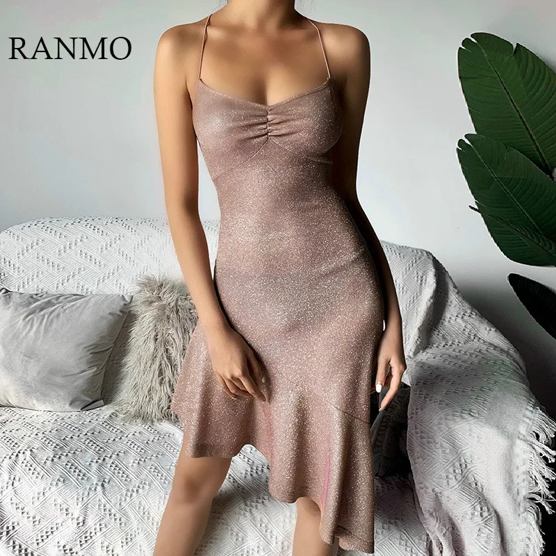 

Женское платье на бретелях RANMO 2020, пикантное эластичное платье-майка с блестками без бретелек, вечерние элегантные платья