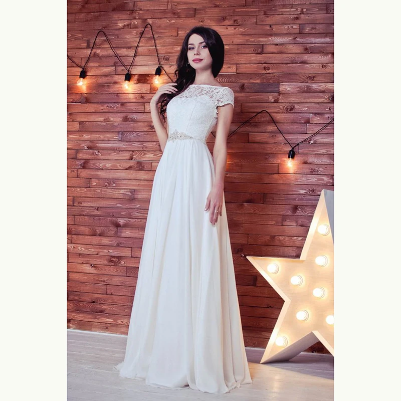 

Hot Sale Graceful Lace Short Sleeve Wedding Dresses for Bride Bateau Neck Beaded Waist Bridal Wedding Gowns Floor Length