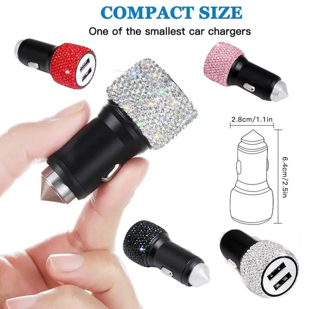 

Diamond Inlay Vehicle Mounted Mobile Charge Safety Hammer Dual Usb Interface Compact Aluminium Alloy Convenient Charger