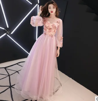 Vestidos de fiesta de noche Длинное Элегантное Вечернее Платье С v-образным вырезом из тюля с кружевной аппликацией А-силуэта Vestidos De Graduacion Esbride ES1018 - Цвет: Розовый