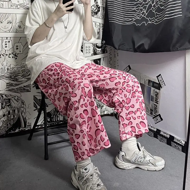 

Wide leg pants women's summer pink leopard print straight casual pants