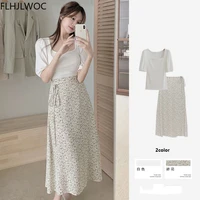 2021 chic korea clothes summer women cute sweet girls floral printed robe holiday date hight waist long skirts