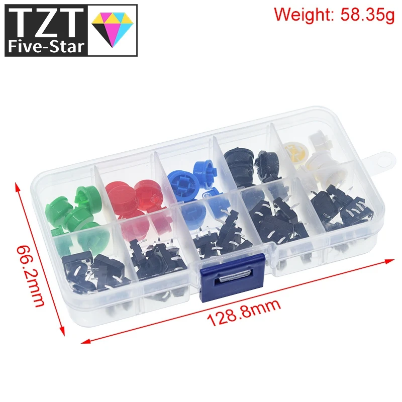 

25PCS Tactile Push Button Switch Momentary 12*12*7.3MM Micro switch button + 25PCS Tact Cap(5 colors) for Arduino with Case