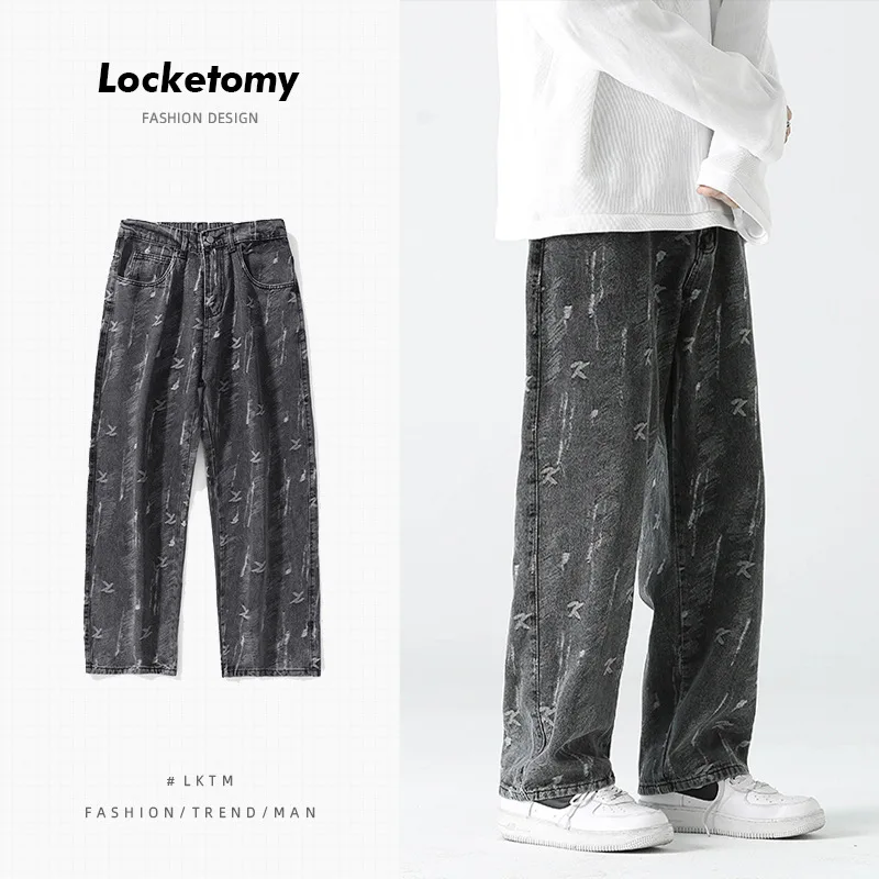 

New Men's Jeans Ins Trend Casual Straight Leg Unique Printing Wide-leg Trousers Fashion Streetwear Men's Pants джинсы для мужчин