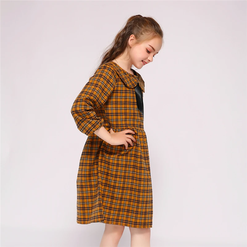 Kseniya Kids Wholesale Peter Pan Collar Bow Plaid Girl Dress Long Sleeve For 2 to 9 Years