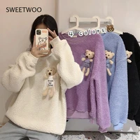 winter womens warm flannel pullover sweatshirt embroidery letters pocket with bear toy inside hoodies casual cute streetwear