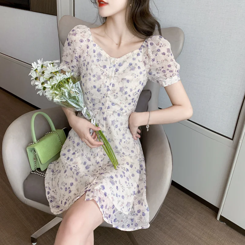 

Retro French Collar Puff Sleeve Chiffon Dress Painting Purple Floral Skirt Rac
