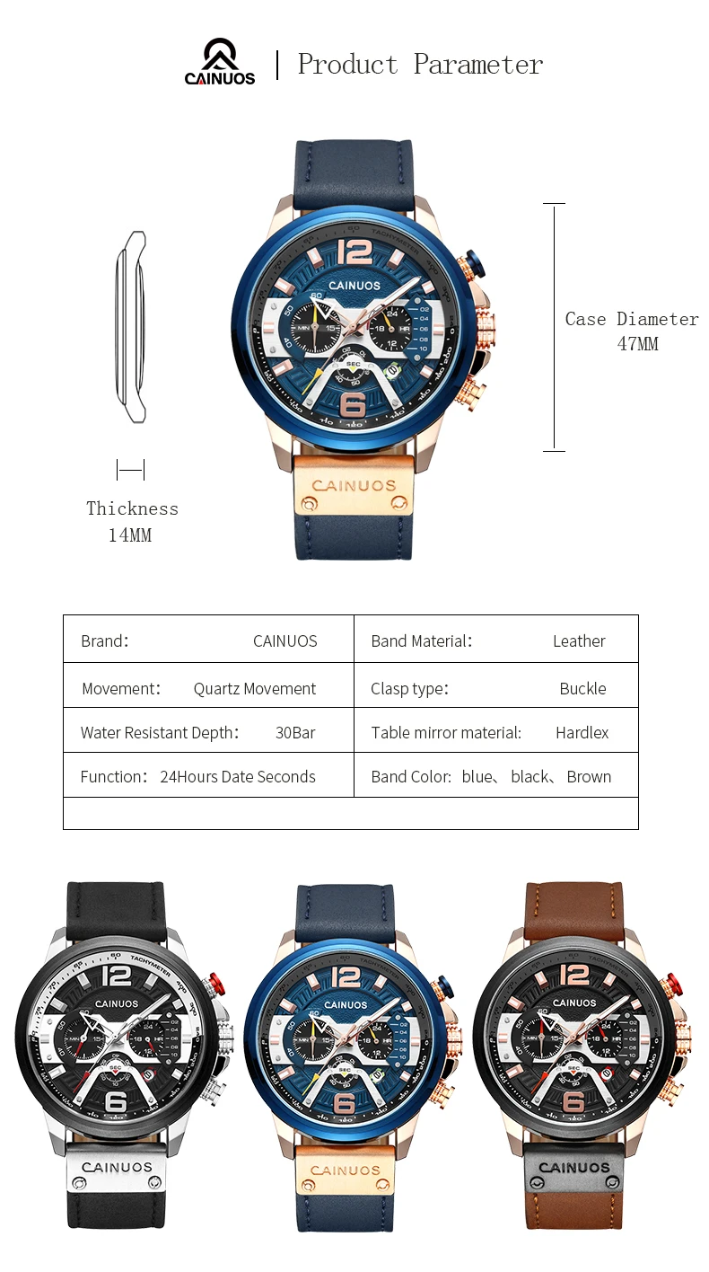 

CAINUOS Top Brand New Watch Fashion Mens with Leather Luxury Sports Chronograph Quartz Watches Men Relogio Masculino