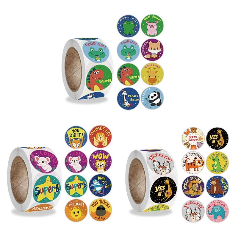 

500 Pcs/Roll Cartoon Animal Teacher Reward Stickers Motivate Students Sticker Q9QB