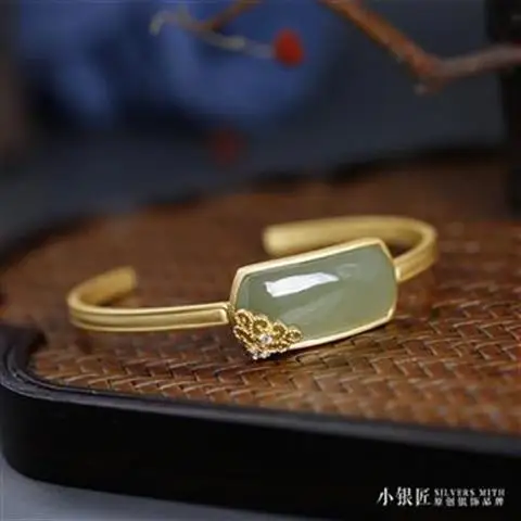 

Spring and Summer New Original S925 Sterling Silver Handmade Ancient Gold Bracelet Natural Hetian Jade Open-End Bracelet Safe Sq