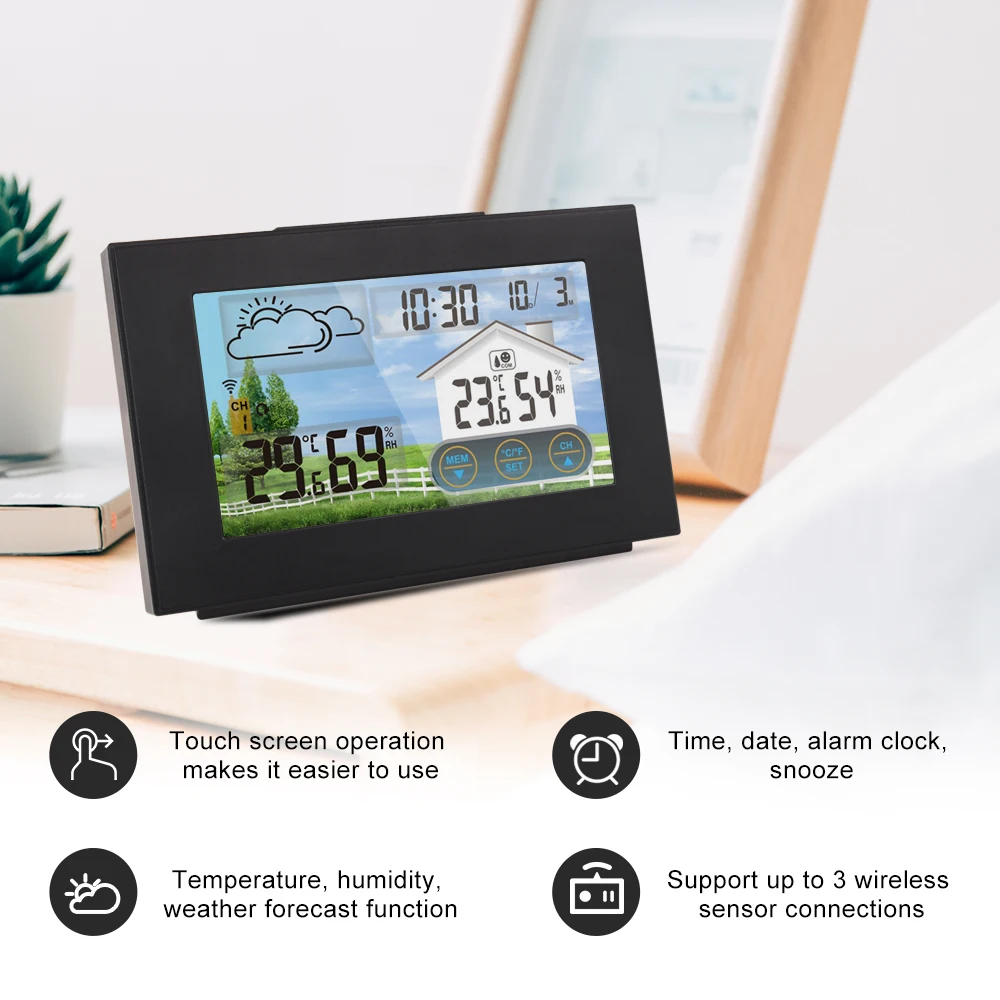 fanju weather station touch screen wireless indoor outdoor temperature humidity meter digital alarm clock 1 3 sensor 40℃ tools free global sh