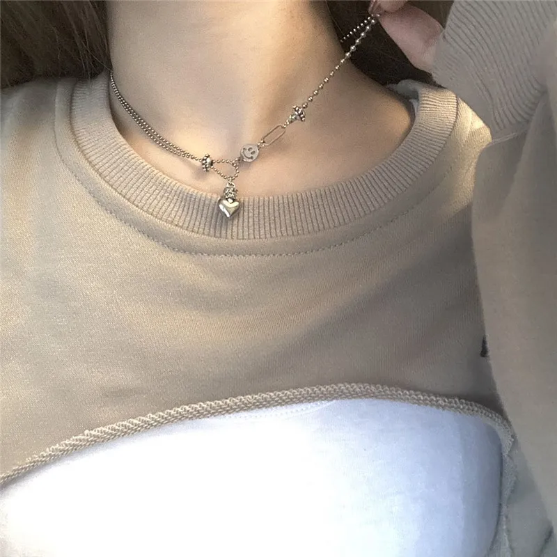 

Women Silver Color Heart Pendant Necklace Multilayer Beaded Chain Beach Necklaces Summer Jewelry Handmade Lover Gifts