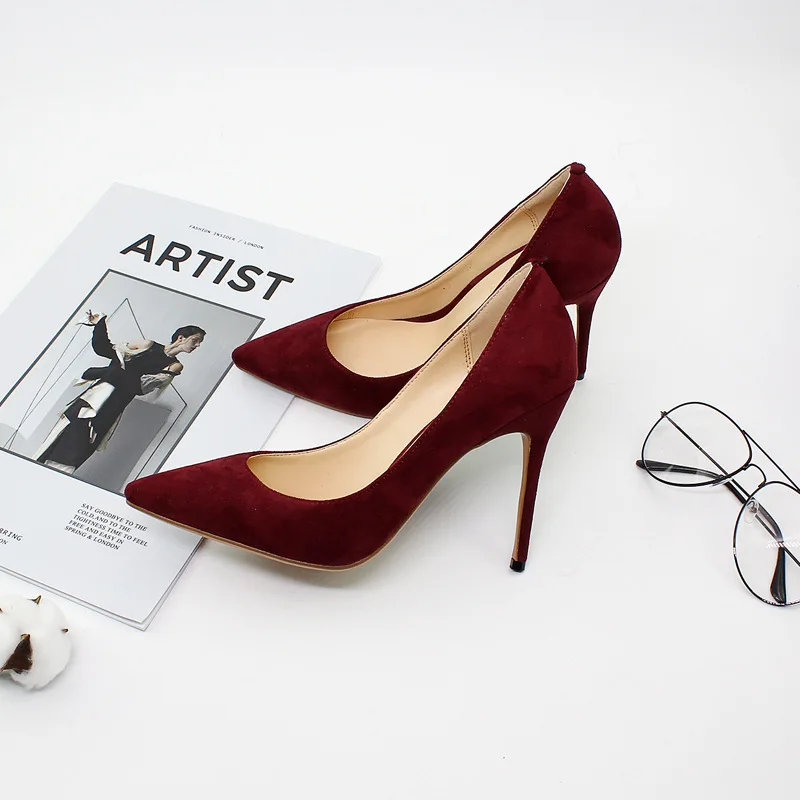 Elegant Cow Suede Leather Women Pumps High Heels Red Wedding Shoes Pointed Toe Sexy Party Big Size C030A | Обувь