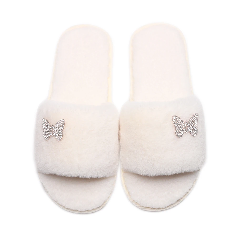 

Furry Slippers Fluffy Fip Flops Women Butterfly Faux Fur Slides Platform Sandals Elegant Ladies Winter Slippers Female Shoes