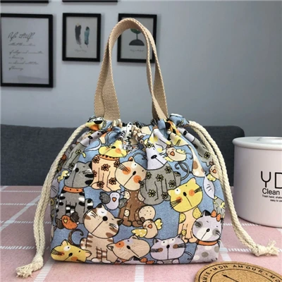 Женская сумка для ланча с кулиской из парусины, сумочка, милый мультфильм, Рисовые сумки, печать, переносная коробка для ланча, сумка для женщин, универсальный кошелек для монет