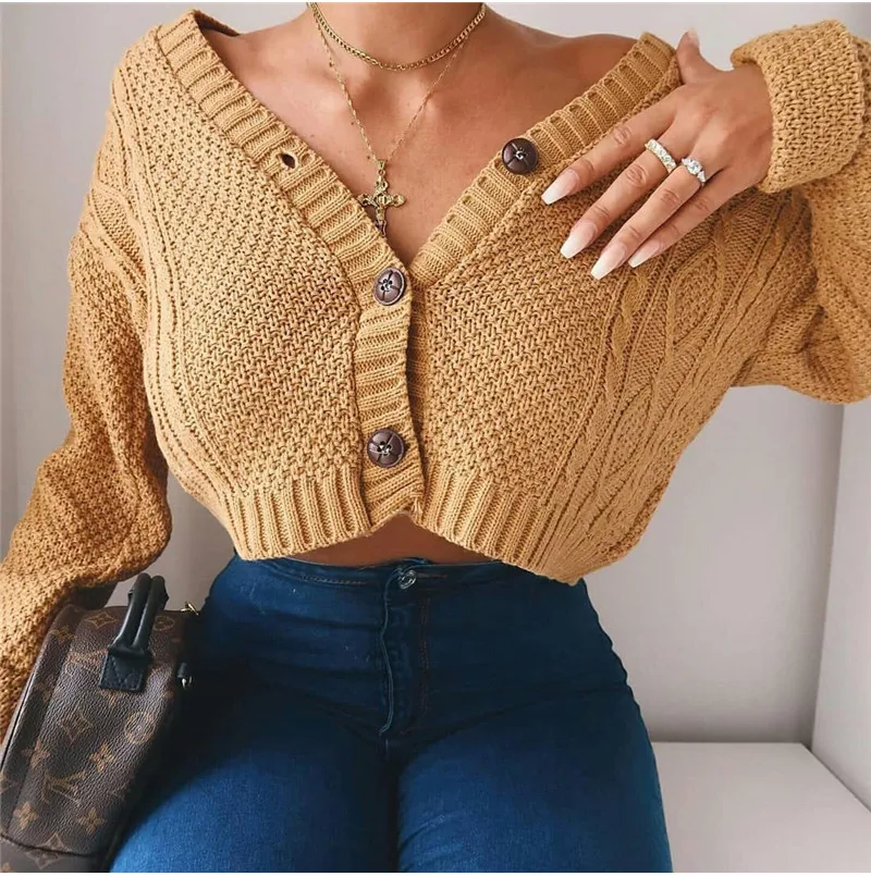 

Fashion Women Knitted Sweater Casual Plain Cardigan knitwear Elegant Ladies Long Sleeve V neck Dames Party Club Streetwear